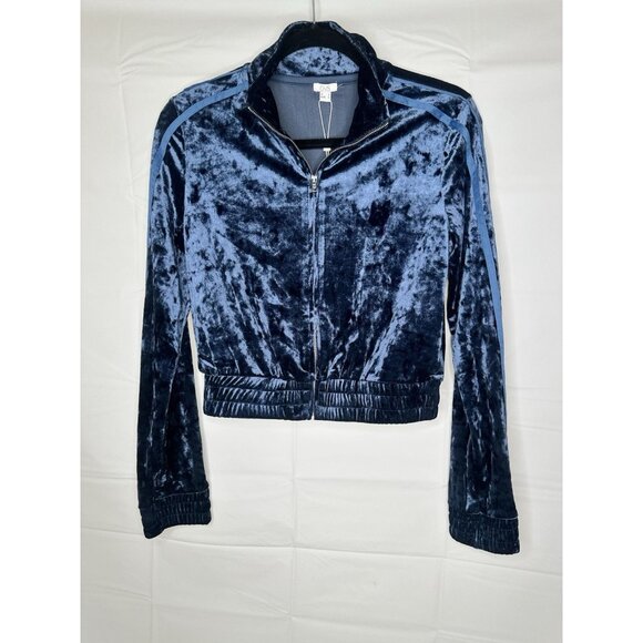 Women Blue Long Sleeve Crushed Velour Zip Up Jacket Hoodie Size Small - Picture 1 of 9